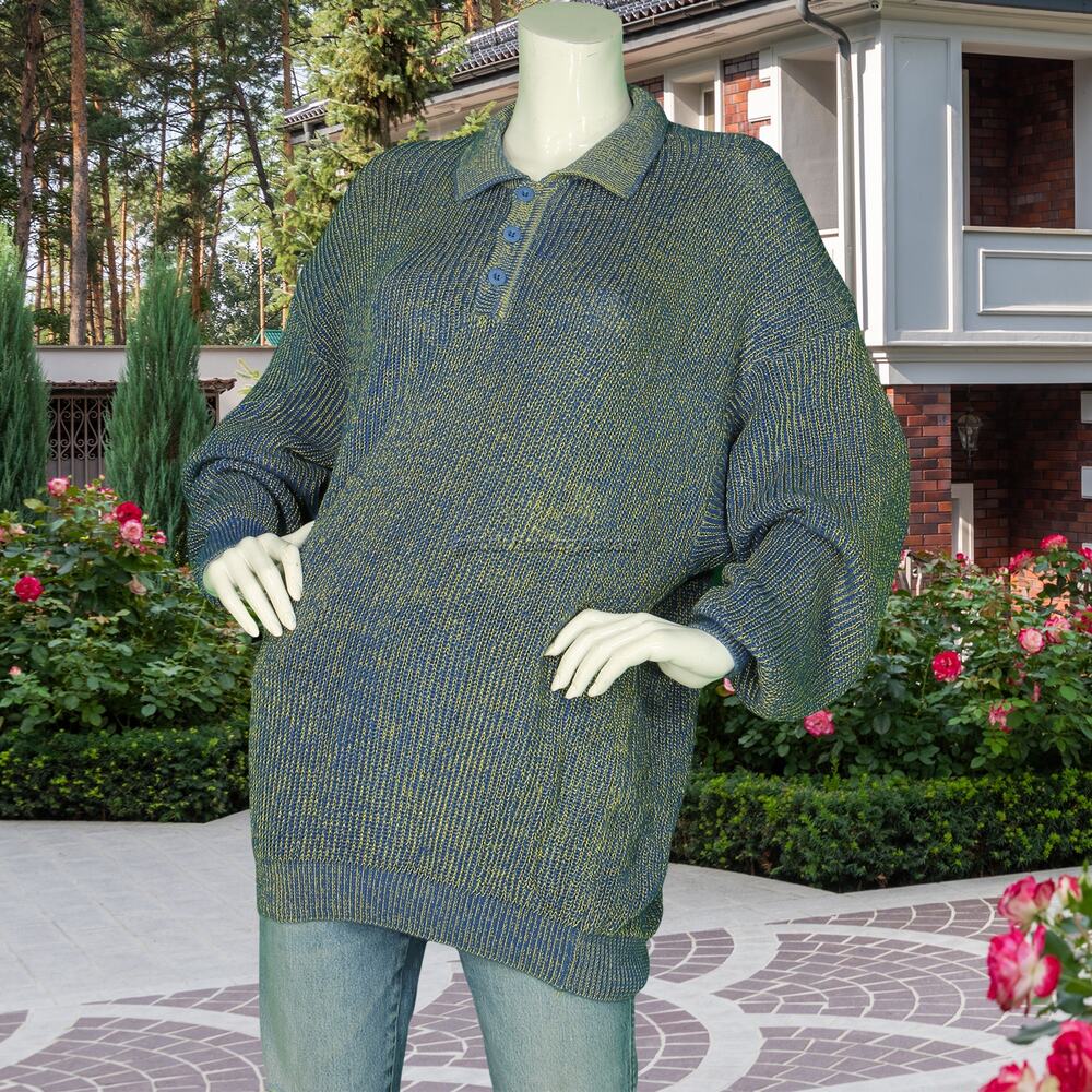 Vintage Benetton Two Tone Blue Gold Metallic  Knit Funky Polo Oversized Sweater